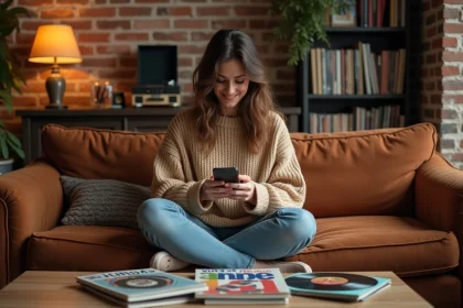 Jeune femme redécouvrant des chanteurs des années 90 sur son smartphone entourée de vinyles et magazines musicaux vintage