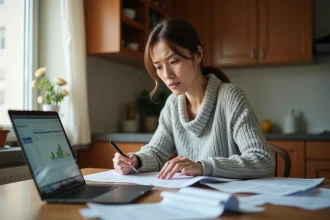 Femme consultant ses relevés bancaires et son ordinateur pour gérer un retour Clevya avant de contacter sa banque