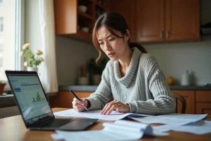 Femme consultant ses relevés bancaires et son ordinateur pour gérer un retour Clevya avant de contacter sa banque
