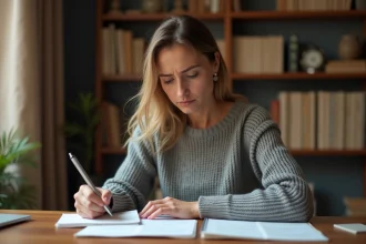 Femme relisant une note manuscrite avec une expression perplexe, entourée de dictionnaires et livres de grammaire dans un bureau à domicile