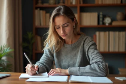 Femme relisant une note manuscrite avec une expression perplexe, entourée de dictionnaires et livres de grammaire dans un bureau à domicile