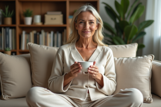 Femme détendue buvant une tisane dans un salon cosy