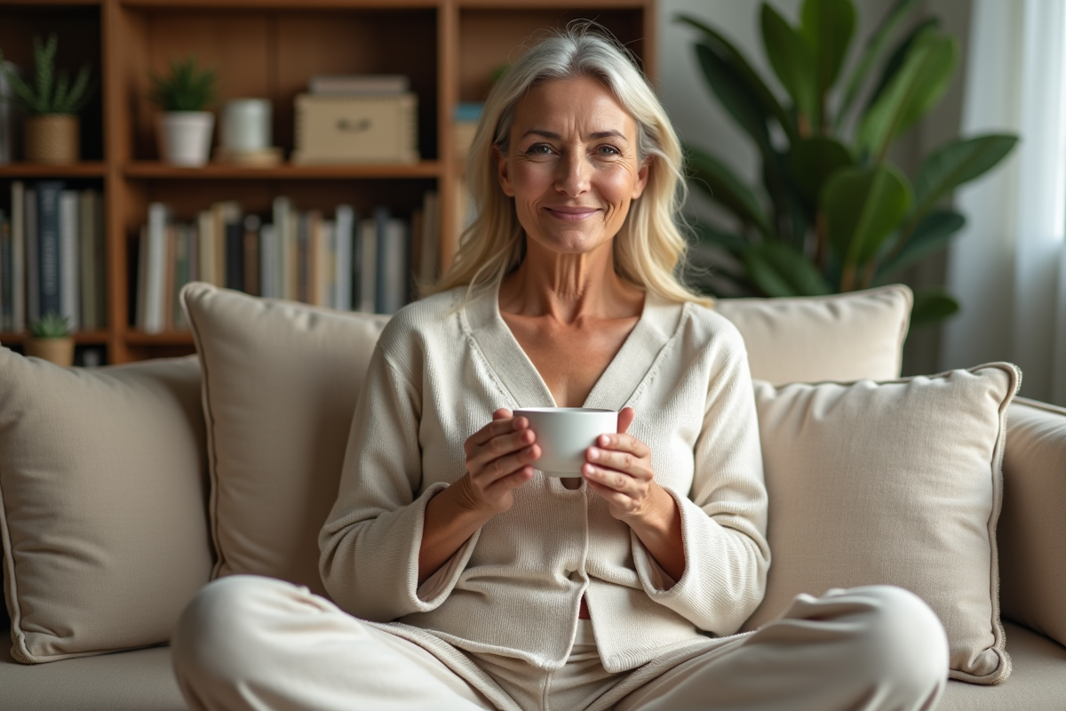 Femme détendue buvant une tisane dans un salon cosy