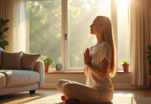 Jeune femme pratiquant la respiration profonde dans un salon lumineux