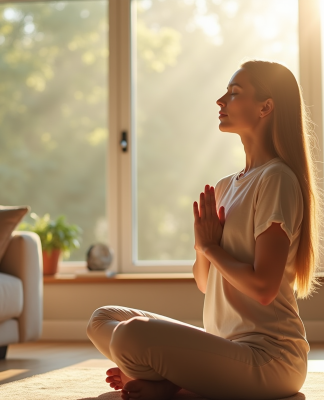 Jeune femme pratiquant la respiration profonde dans un salon lumineux
