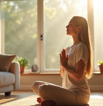 Jeune femme pratiquant la respiration profonde dans un salon lumineux