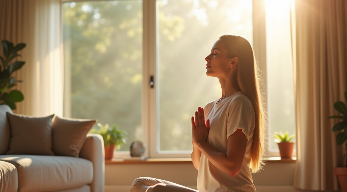 Jeune femme pratiquant la respiration profonde dans un salon lumineux