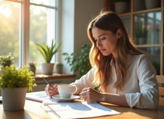 Jeune femme planifiant sa retraite dans une cuisine lumineuse