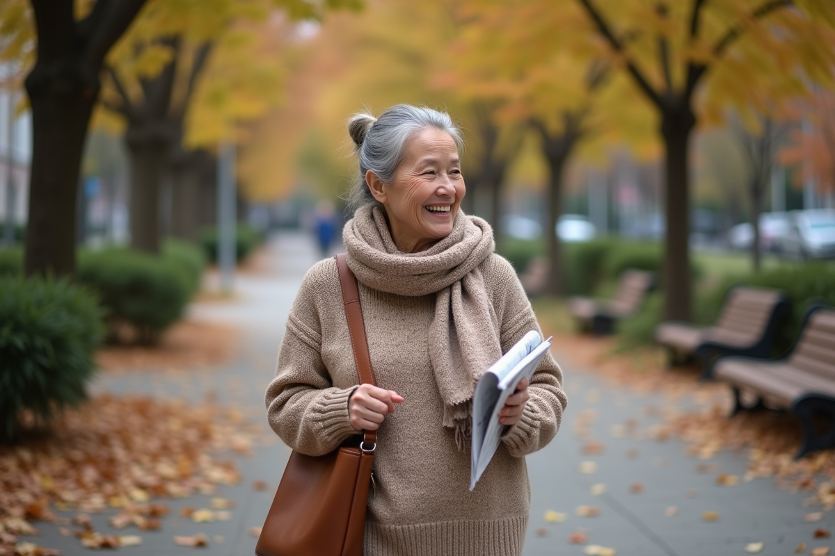 Femme retraitée souriante dans un parc en automne