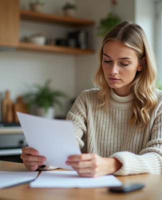 Femme concentrée à la maison en train de revoir des papiers