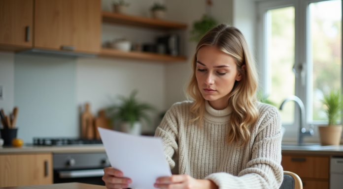 Femme concentrée à la maison en train de revoir des papiers