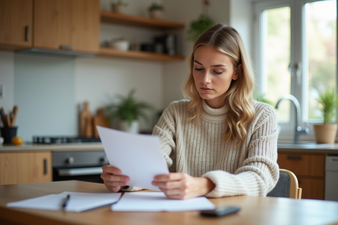 femme-revue-papiers-cuisine Femme concentrée à la maison en train de revoir des papiers