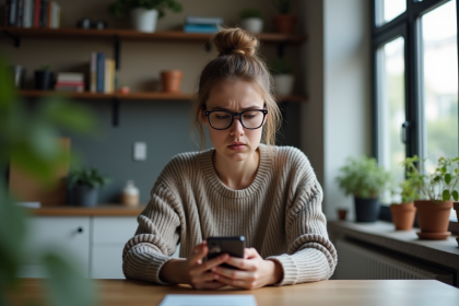 Jeune femme pensant en utilisant son smartphone dans une cuisine