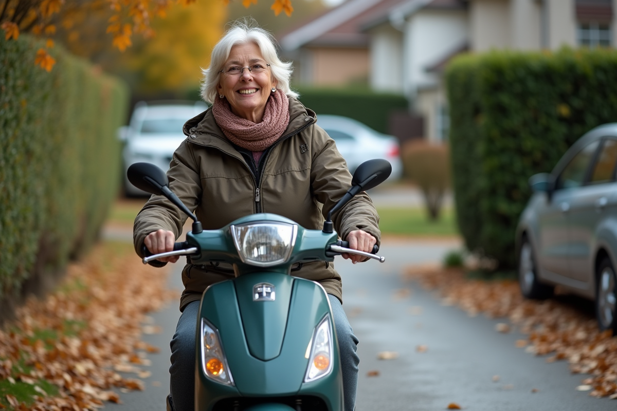 Femme âgée assise sur un scooter 50cc dans une cour résidentielle