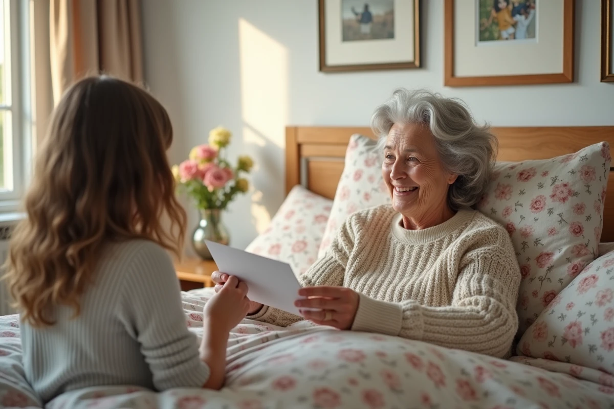 Femme senior souriante recevant une carte de sa petite fille