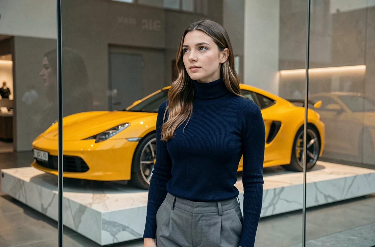 Jeune femme en pull col roulé devant la vitrine d'un showroom avec une supercar jaune exposée à l'intérieur