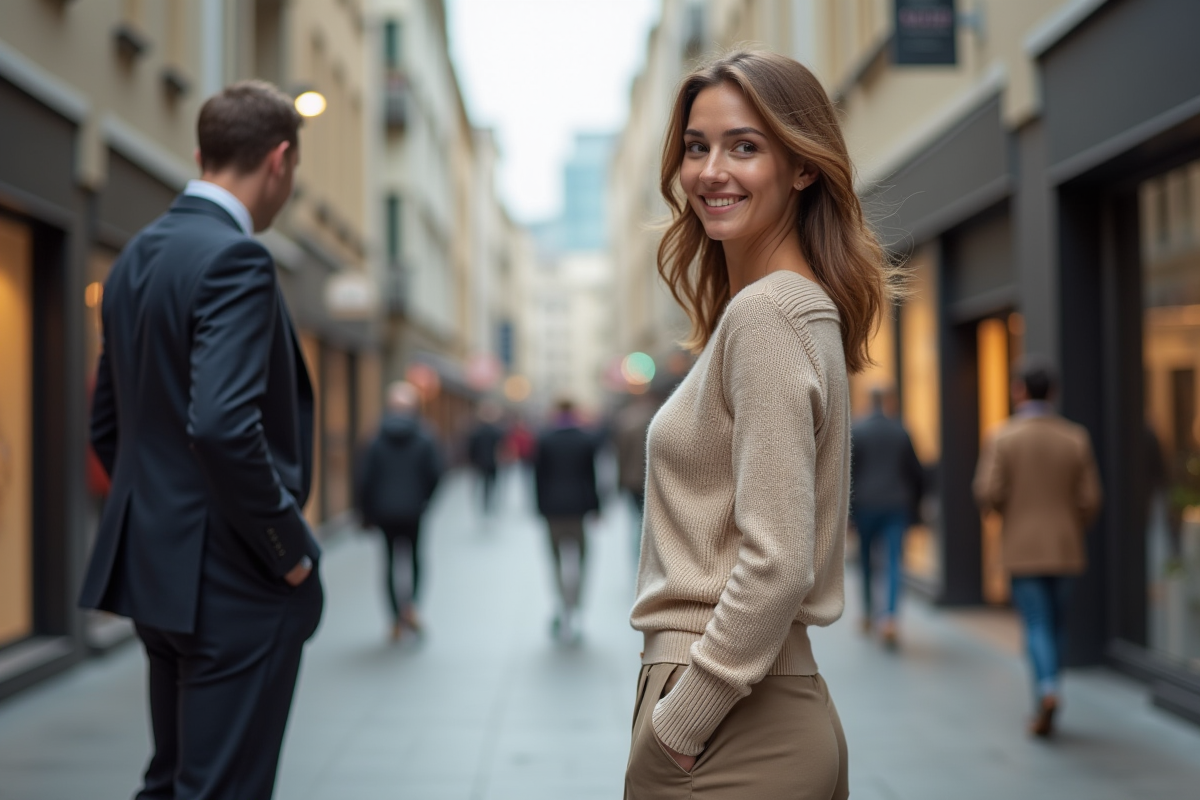 Femme en pull beige souriant dans une rue animée