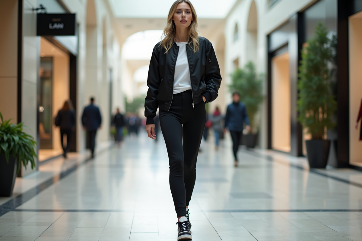 Femme élégante en streetwear dans un centre commercial