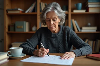 Femme concentrée résolvant une grille de sudoku difficile à son bureau en bois