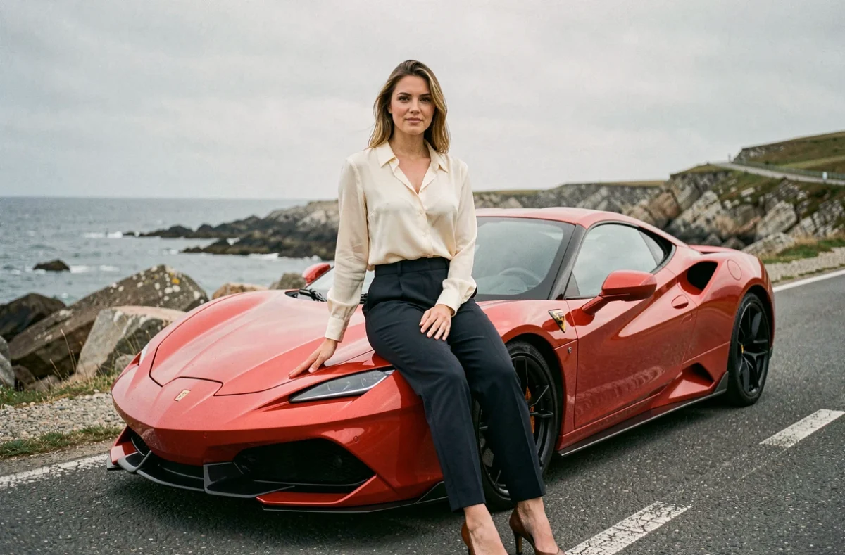 Femme en tenue chic assise sur le capot d'une voiture de sport rouge le long d'une route côtière rocheuse