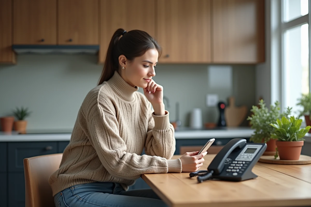 Femme ajustant son téléphone mobile dans une cuisine chaleureuse