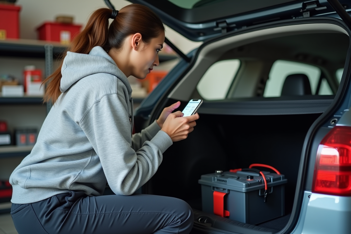 Femme vérifiant la batterie de son SUV dans un garage