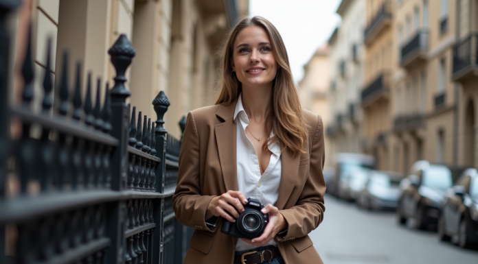 Femme élégante avec appareil photo vintage en ville