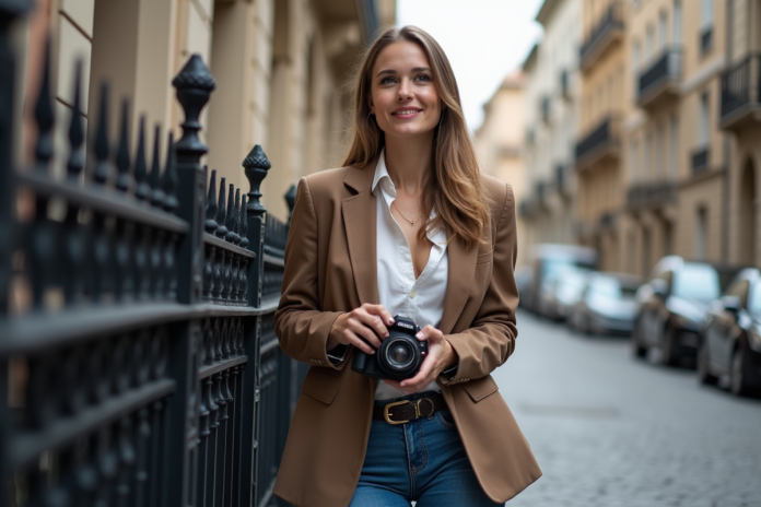 femme-vintage-camera-urbaine Femme élégante avec appareil photo vintage en ville