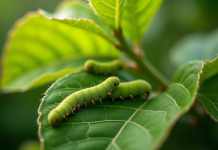 Gros plan sur des feuilles de pommier avec des chenilles vertes