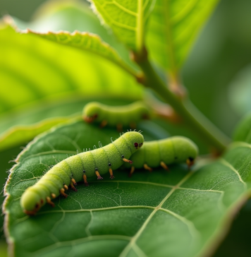 Gros plan sur des feuilles de pommier avec des chenilles vertes