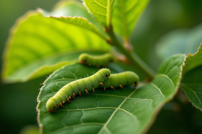Gros plan sur des feuilles de pommier avec des chenilles vertes