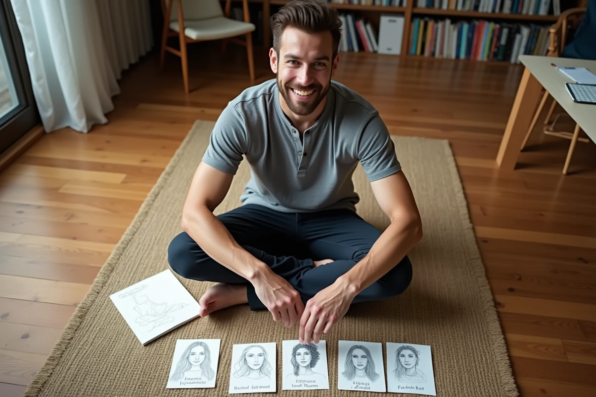 Homme révisant les déesses de la mythologie grecque avec des fiches mémo illustrées sur le sol de son appartement