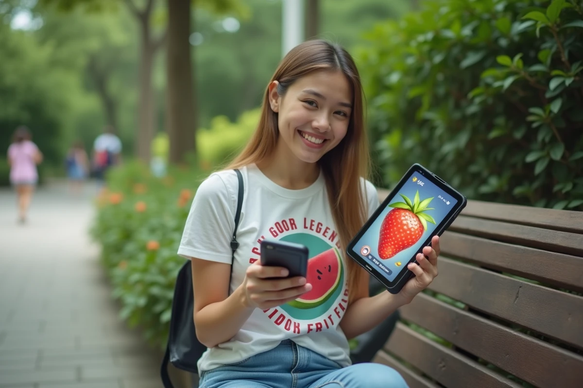 Jeune femme montrant un fruit légendaire sur sa tablette en plein air