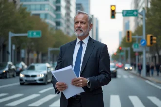 Homme politique en costume dans une rue urbaine animée