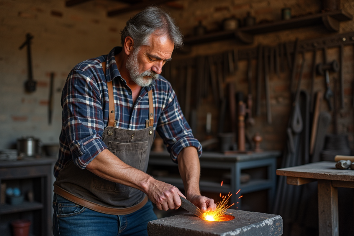 Jeune homme forgeant une lame dans un atelier de forge