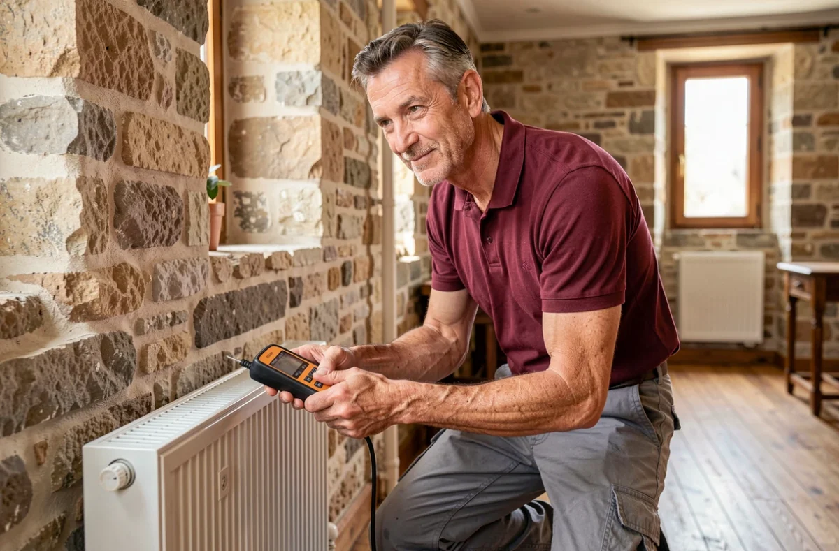 Laurent Gagnaire, plombier indépendant, inspectant un radiateur dans un appartement rénové de Reims