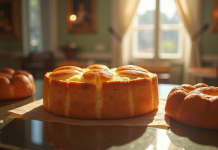 Gâteau basque exposé dans un musée en lumière naturelle