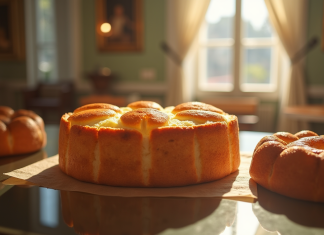 Gâteau basque exposé dans un musée en lumière naturelle