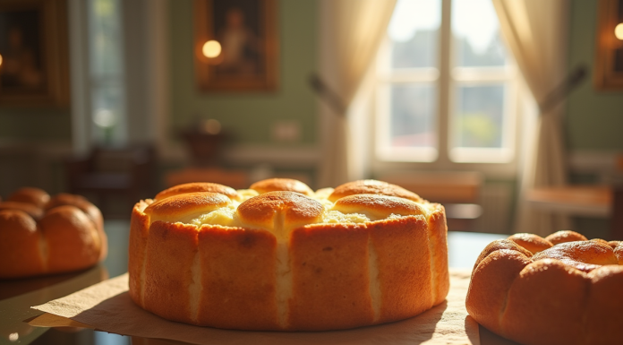 Gâteau basque exposé dans un musée en lumière naturelle