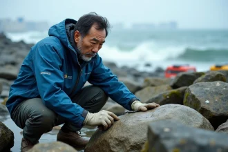 Géologue japonais en pleine nature examinant une fissure sur une roche