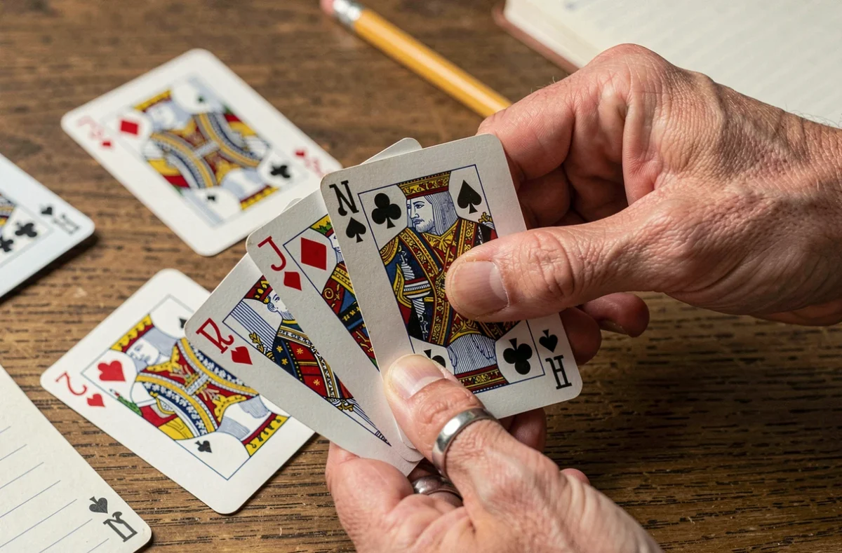 Gros plan sur une main de cartes de belote tenue par un joueur avec carnet de score sur une table en bois