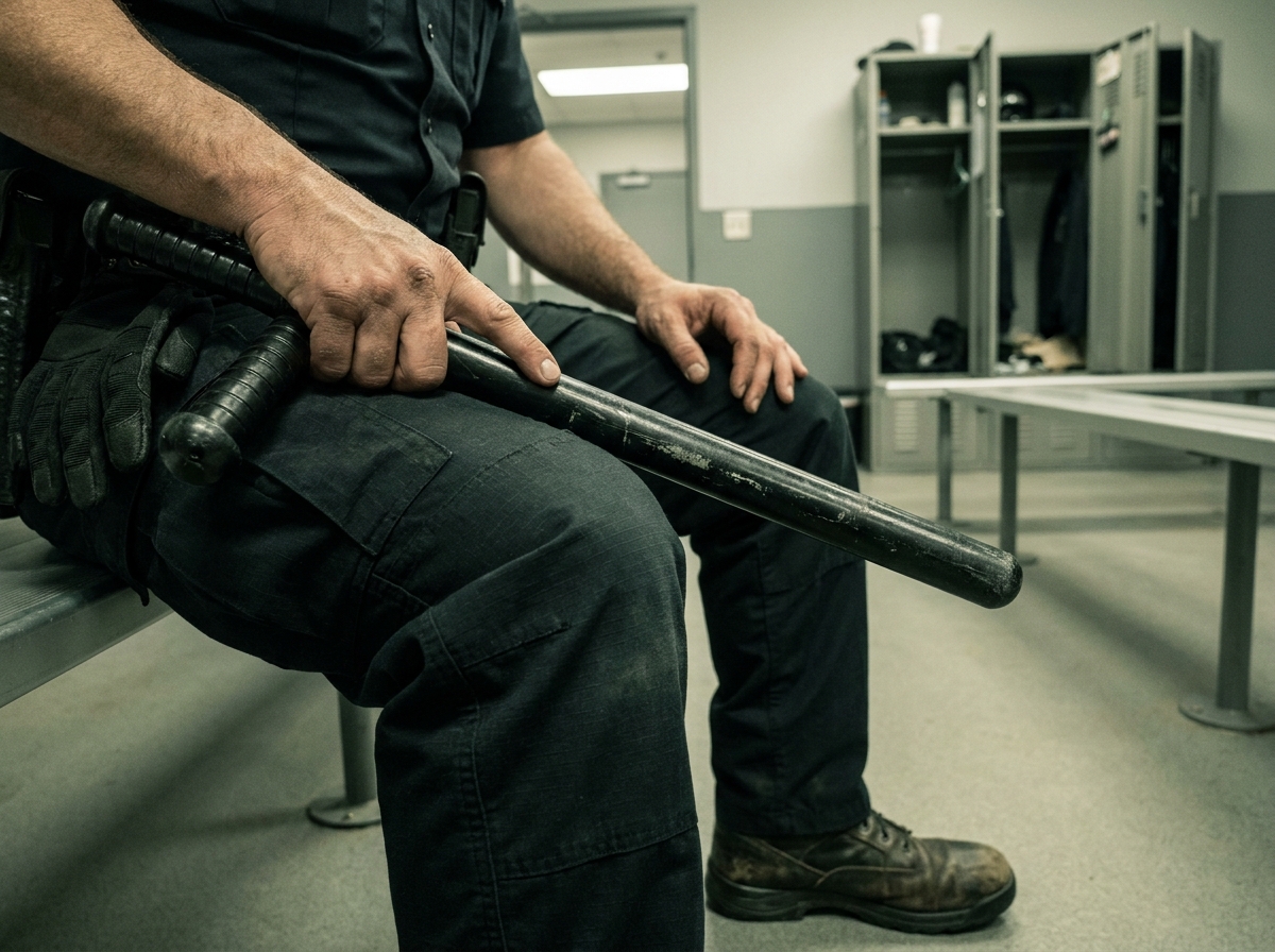 Gros plan sur un tonfa en aluminium usé posé sur les genoux d'un agent en salle d'équipement