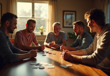 Groupe d'amis jouant au rummy autour d'une table en journée