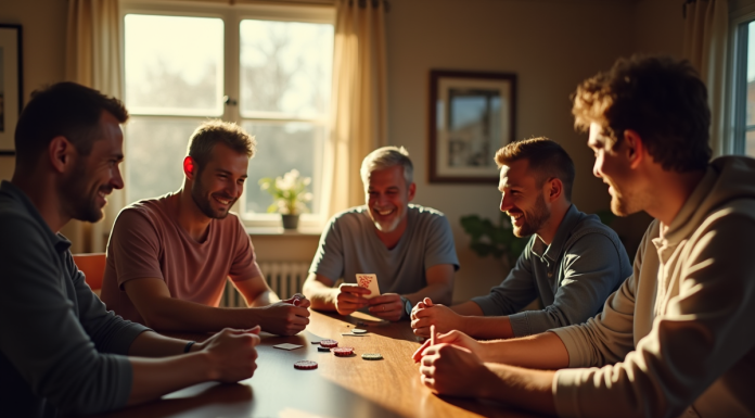 Groupe d'amis jouant au rummy autour d'une table en journée