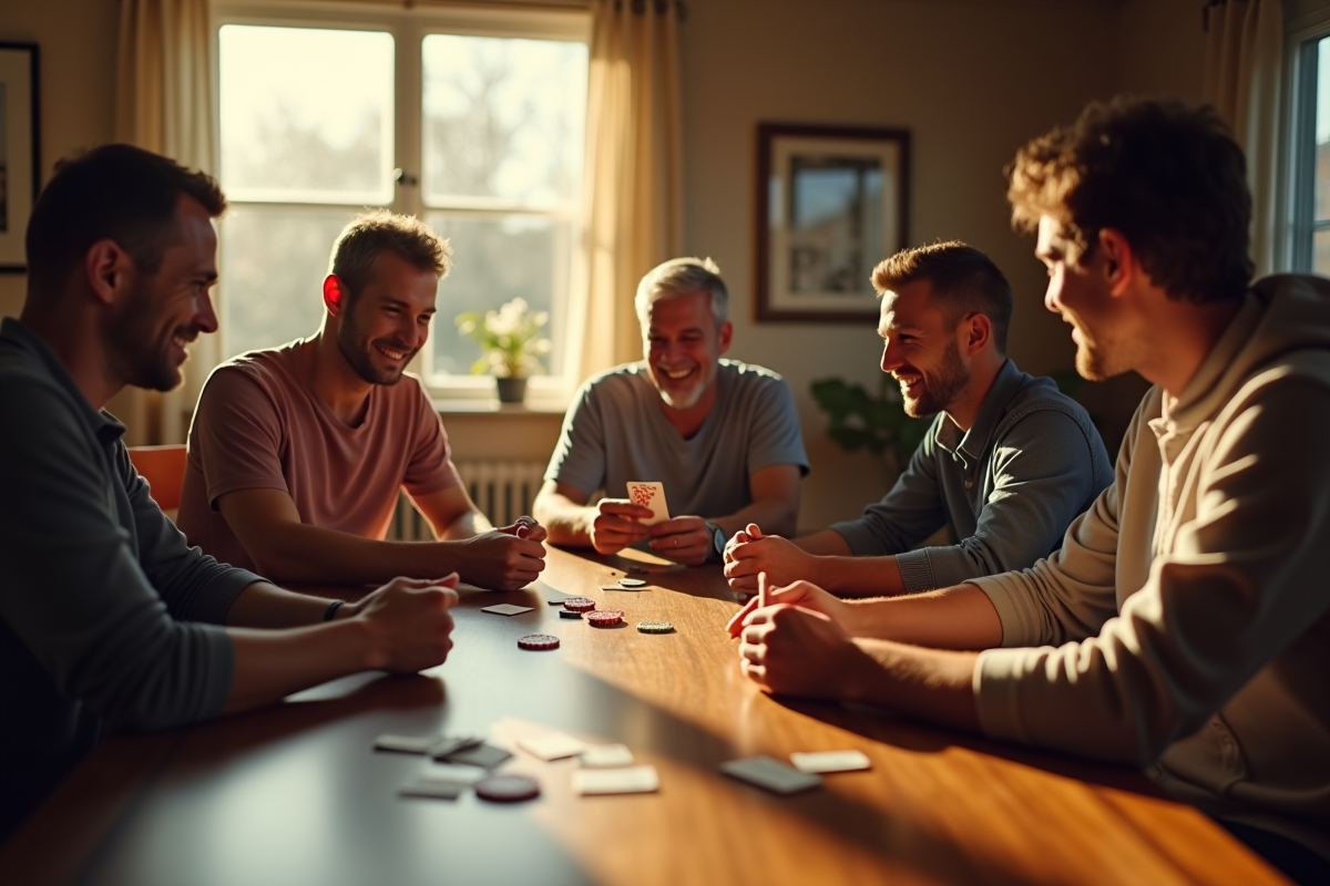 Groupe d'amis jouant au rummy autour d'une table en journée