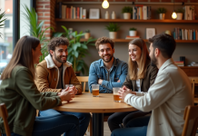 Allosexuel : définition, caractéristiques et identité de l’allosexualité Groupe de jeunes adultes discutant dans un café urbain chaleureux