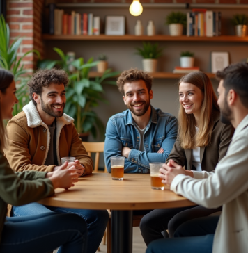 Allosexuel : définition, caractéristiques et identité de l’allosexualité Groupe de jeunes adultes discutant dans un café urbain chaleureux