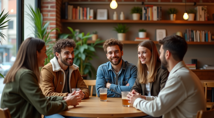 Groupe de jeunes adultes discutant dans un café urbain chaleureux