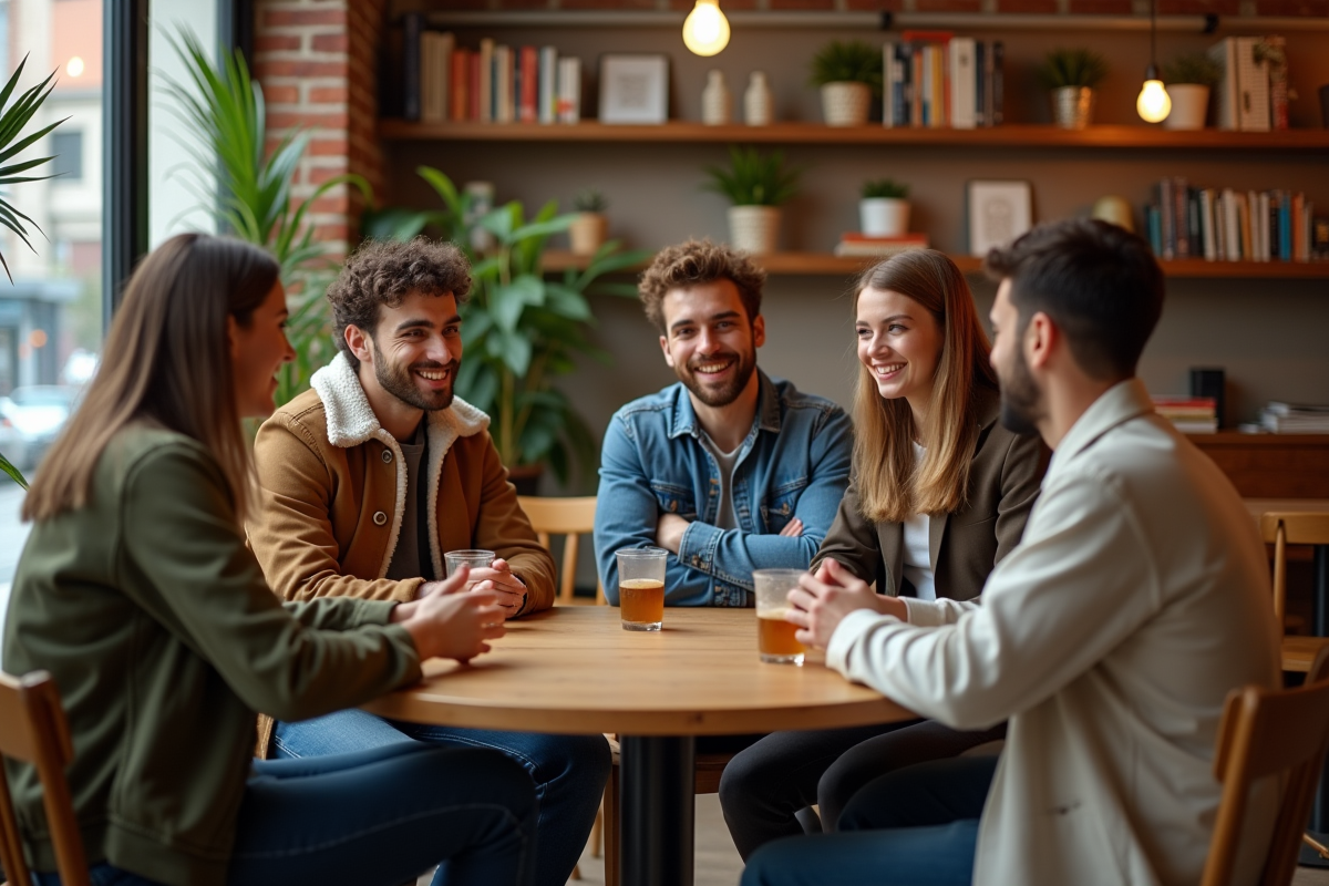 Groupe de jeunes adultes discutant dans un café urbain chaleureux