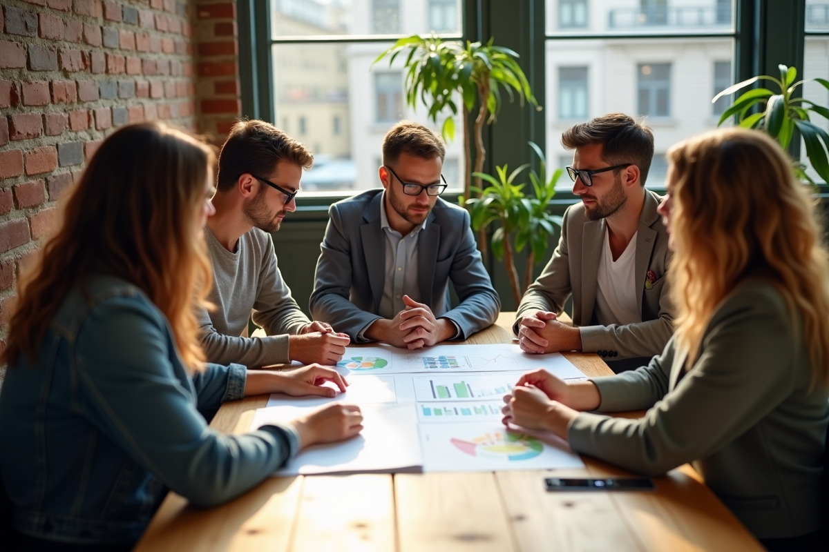 Groupe divers discutant de graphiques d investissement en coworking